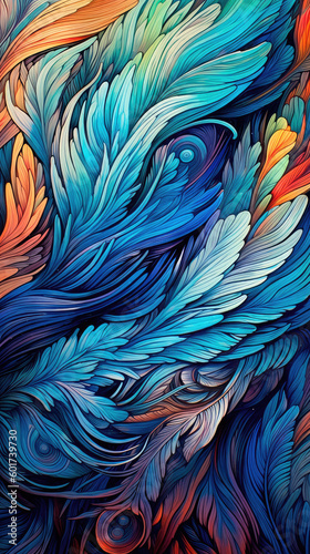 Abstract colorful background of lush feathers. Generative AI