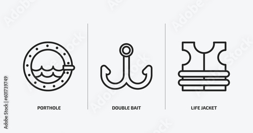 nautical outline icons set. nautical icons such as porthole, double bait, life jacket vector. can be used web and mobile.