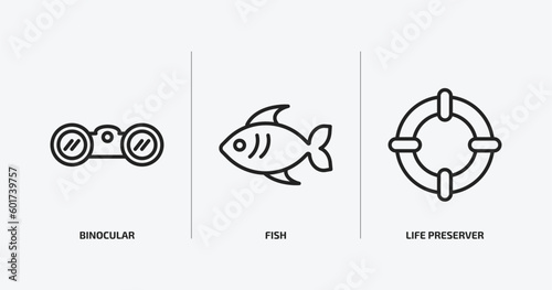 nautical outline icons set. nautical icons such as binocular  fish  life preserver vector. can be used web and mobile.