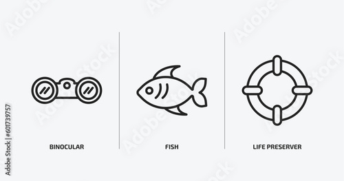 nautical outline icons set. nautical icons such as binocular, fish, life preserver vector. can be used web and mobile.