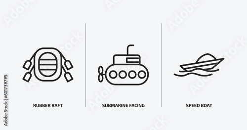 nautical outline icons set. nautical icons such as rubber raft, submarine facing right, speed boat vector. can be used web and mobile.
