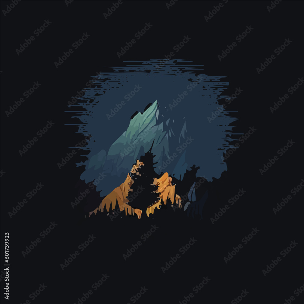 illustration vector A dark background with a mountain in the middle and a dark sky