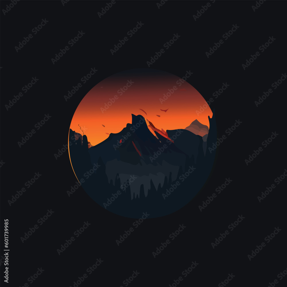 Vector illustration A mountain with a sunset in the background