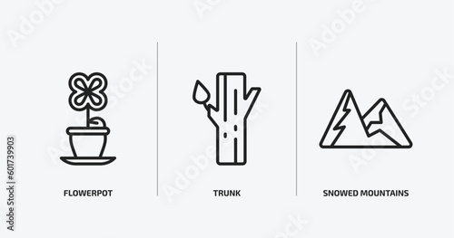 nature outline icons set. nature icons such as flowerpot, trunk, snowed mountains vector. can be used web and mobile.