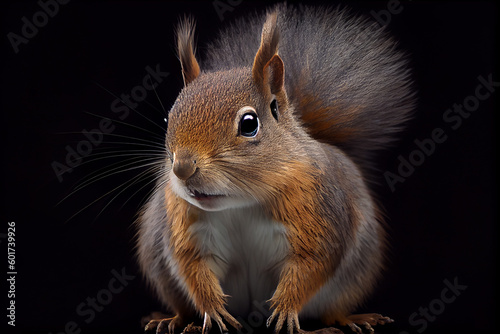 A stunning photorealistic portrait of a squirrel captured against a dark background  generative ai illustration