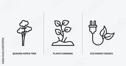 nature outline icons set. nature icons such as quaking aspen tree, plants growing, eco energy source vector. can be used web and mobile.