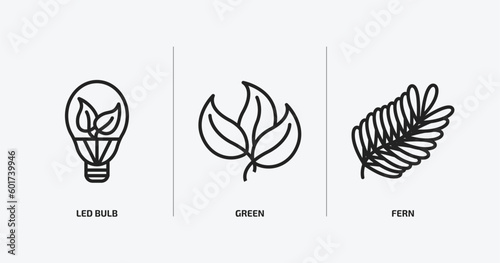 nature outline icons set. nature icons such as led bulb, green, fern vector. can be used web and mobile.