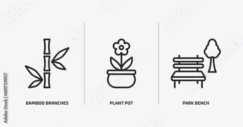 nature outline icons set. nature icons such as bamboo branches, plant pot, park bench vector. can be used web and mobile.