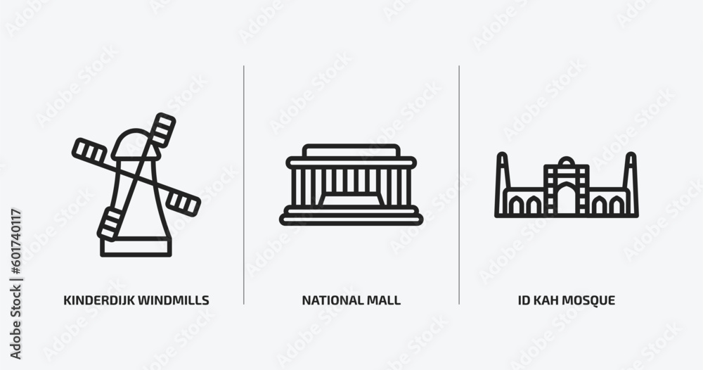 monuments outline icons set. monuments icons such as kinderdijk windmills, national mall, id kah mosque vector. can be used web and mobile. monuments outline icons set. monuments icons such as kinderdijk windmills, national mall, id kah mosque vector. can be used web and mobile.