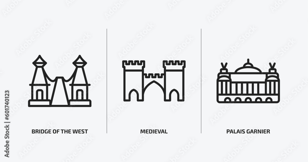 monuments outline icons set. monuments icons such as bridge of the west, medieval, palais garnier vector. can be used web and mobile.