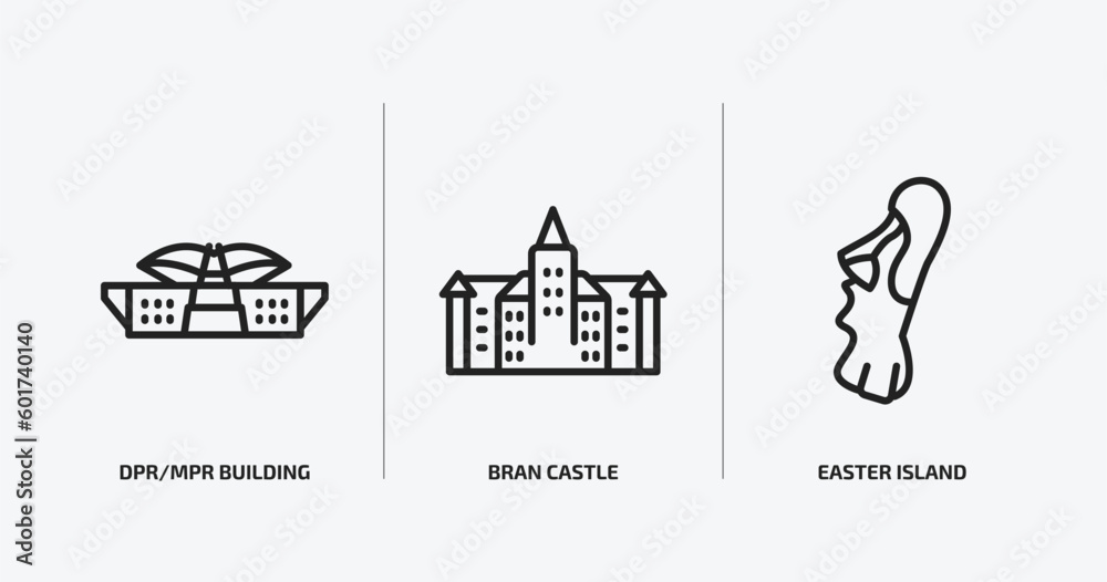 monuments outline icons set. monuments icons such as dpr/mpr building, bran castle, easter island vector. can be used web and mobile.