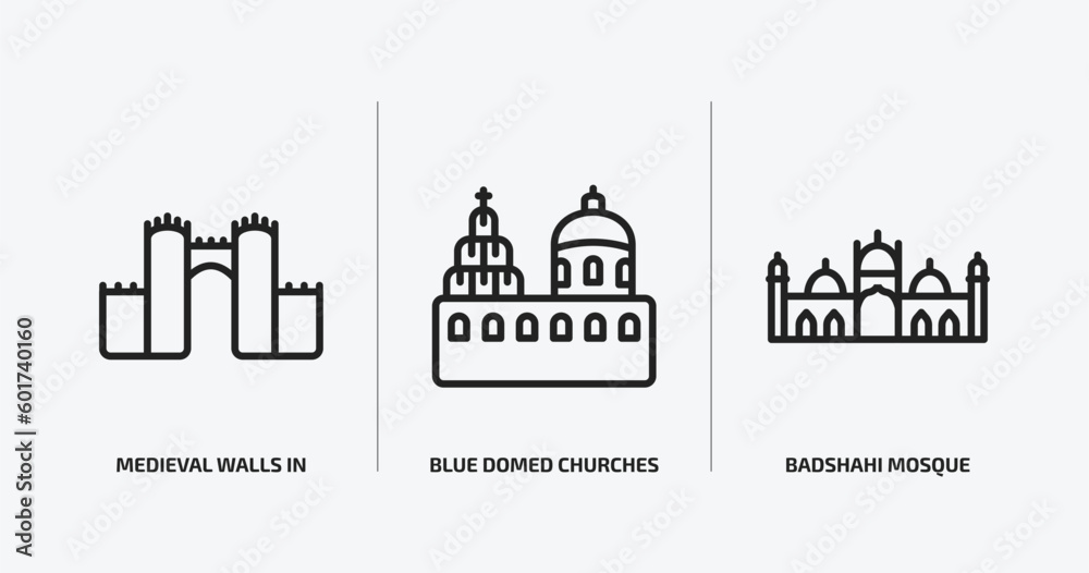 monuments outline icons set. monuments icons such as medieval walls in avila, blue domed churches, badshahi mosque vector. can be used web and mobile.
