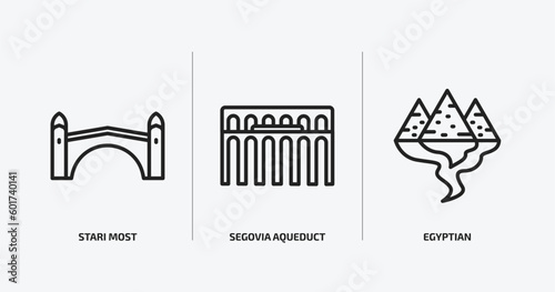 monuments outline icons set. monuments icons such as stari most, segovia aqueduct, egyptian vector. can be used web and mobile.