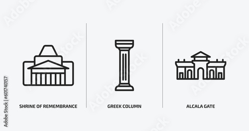 monuments outline icons set. monuments icons such as shrine of remembrance, greek column, alcala gate vector. can be used web and mobile.