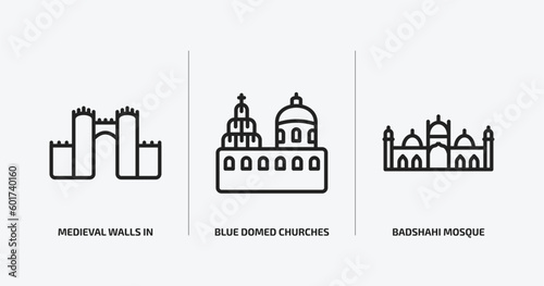 monuments outline icons set. monuments icons such as medieval walls in avila, blue domed churches, badshahi mosque vector. can be used web and mobile.