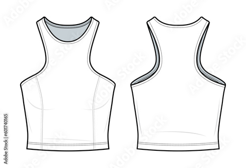 crop tank top fashion flat technical drawing template. razer back tank top technical fashion Illustration. front, and back view. CAD mockup set.