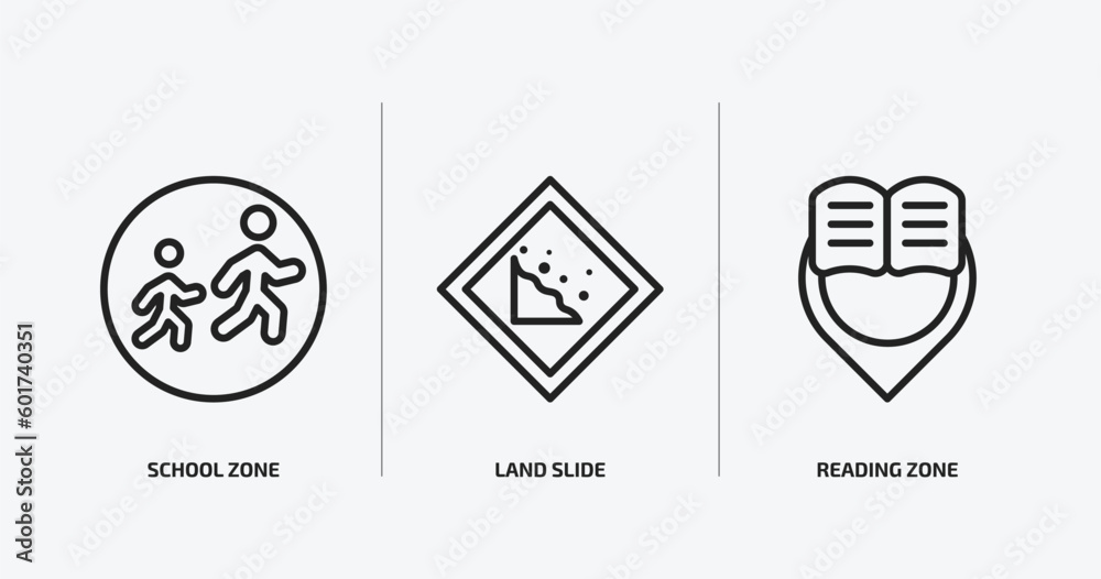 maps and flags outline icons set. maps and flags icons such as school zone, land slide, reading zone vector. can be used web and mobile. maps and flags outline icons set. maps and flags icons such as school zone, land slide, reading zone vector. can be used web and mobile.
