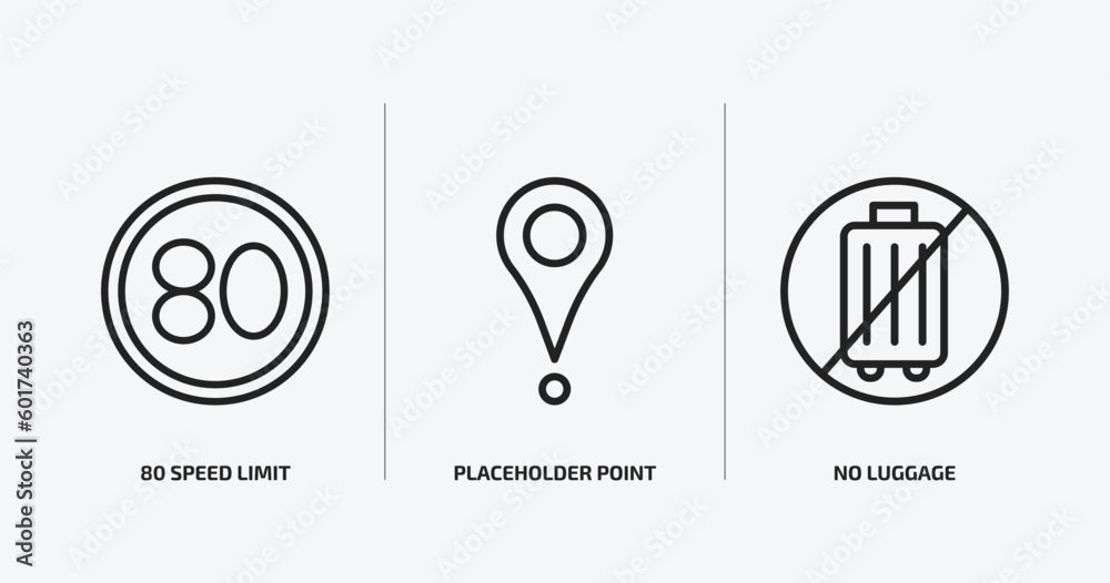 maps and flags outline icons set. maps and flags icons such as 80 speed limit, placeholder point, no luggage vector. can be used web and mobile. - obrazy, fototapety, plakaty 
