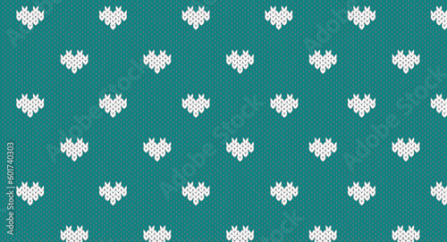 White hearts on green background knitting pattern, Festive Sweater Design. Seamless Knitted Pattern