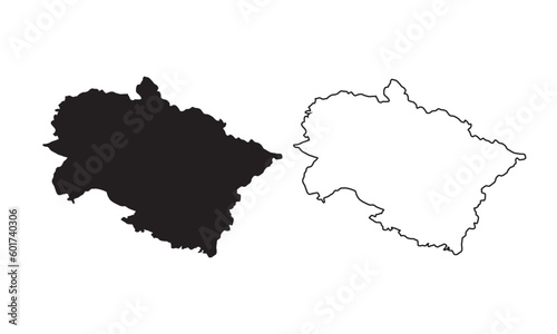 Uttarakhand map vector silhouette isolated on white. One of the states of India.
