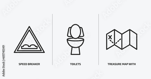 maps and flags outline icons set. maps and flags icons such as speed breaker, toilets, treasure map with x vector. can be used web and mobile.