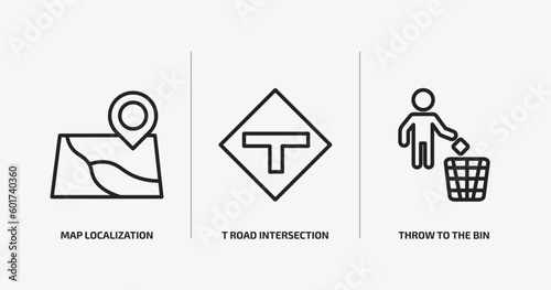 maps and flags outline icons set. maps and flags icons such as map localization, t road intersection, throw to the bin vector. can be used web and mobile.