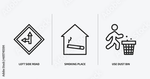 maps and flags outline icons set. maps and flags icons such as left side road, smoking place, use dust bin vector. can be used web and mobile.