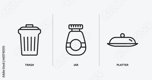 kitchen outline icons set. kitchen icons such as trash, jar, platter vector. can be used web and mobile.