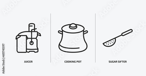 kitchen outline icons set. kitchen icons such as juicer, cooking pot, sugar sifter vector. can be used web and mobile.