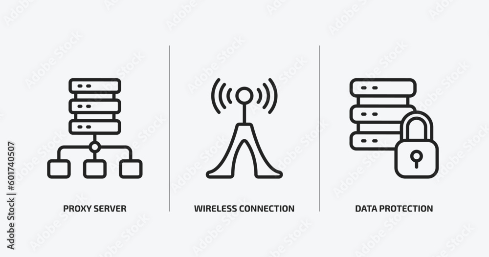 internet security outline icons set. internet security icons such as proxy server, wireless connection, data protection vector. can be used web and mobile. internet security outline icons set. internet security icons such as proxy server, wireless connection, data protection vector. can be used web and mobile.