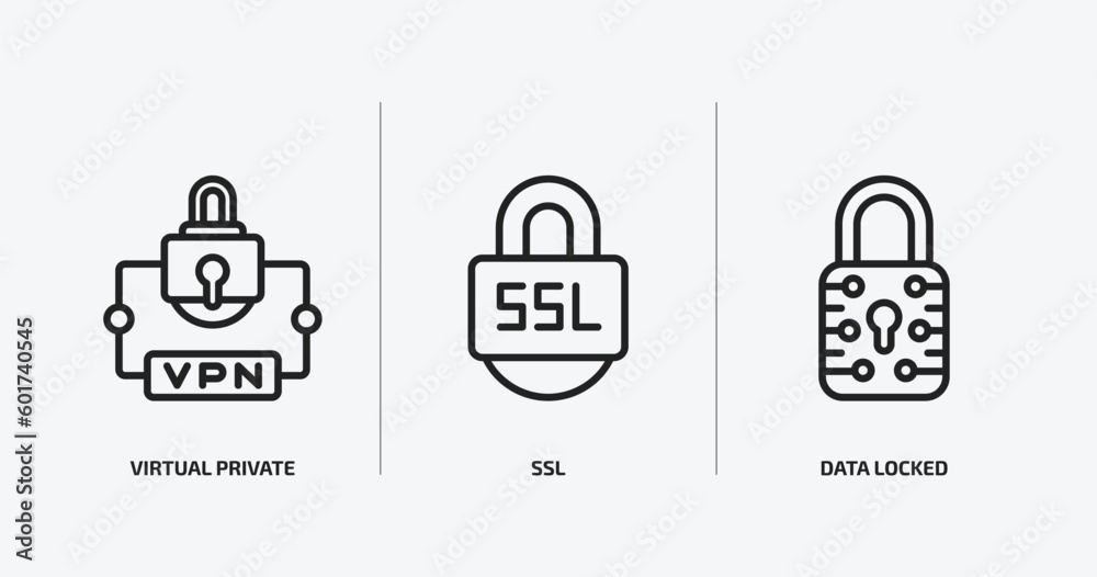 Naklejka premium internet security outline icons set. internet security icons such as virtual private network, ssl, data locked vector. can be used web and mobile.