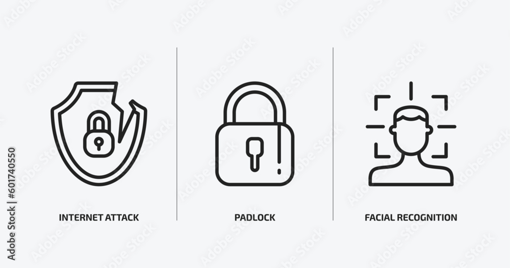internet security outline icons set. internet security icons such as internet attack, padlock, facial recognition vector. can be used web and mobile. internet security outline icons set. internet security icons such as internet attack, padlock, facial recognition vector. can be used web and mobile.