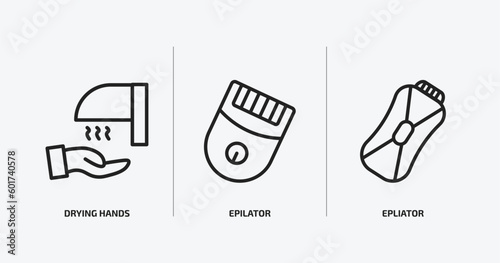 hygiene outline icons set. hygiene icons such as drying hands, epilator, epliator vector. can be used web and mobile.