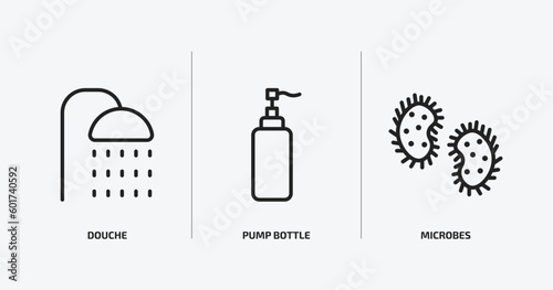 hygiene outline icons set. hygiene icons such as douche, pump bottle, microbes vector. can be used web and mobile.