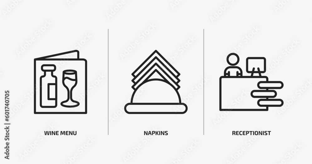 hotel and restaurant outline icons set. hotel and restaurant icons such as wine menu, napkins, receptionist vector. can be used web and mobile.