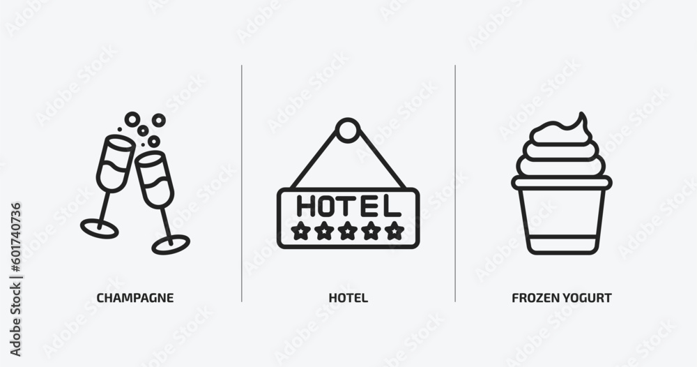 hotel and restaurant outline icons set. hotel and restaurant icons such as champagne, hotel, frozen yogurt vector. can be used web and mobile. hotel and restaurant outline icons set. hotel and restaurant icons such as champagne, hotel, frozen yogurt vector. can be used web and mobile.
