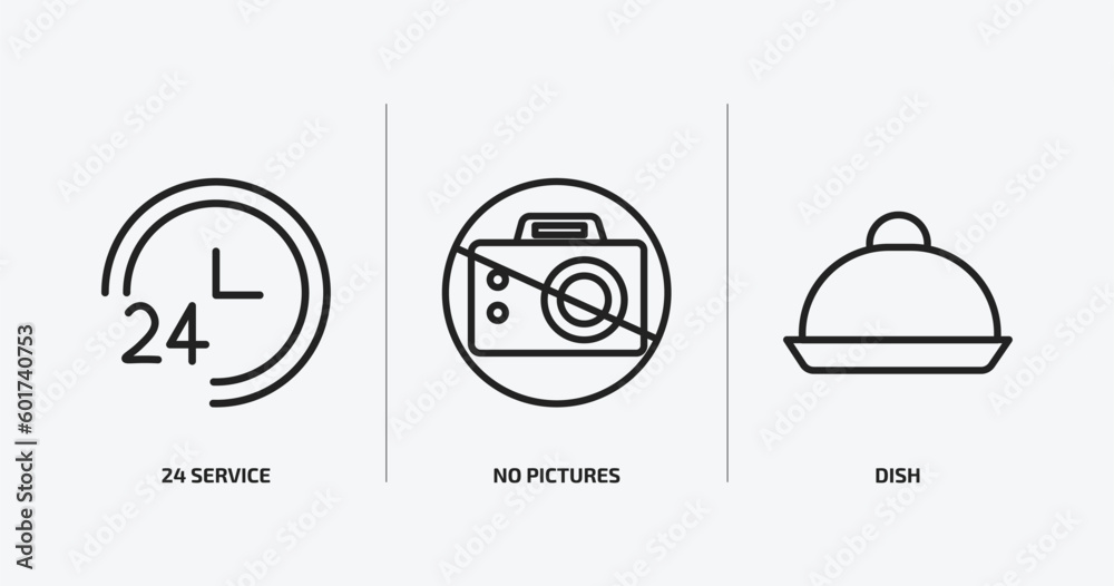 hotel outline icons set. hotel icons such as 24 service, no pictures, dish vector. can be used web and mobile. hotel outline icons set. hotel icons such as 24 service, no pictures, dish vector. can be used web and mobile.