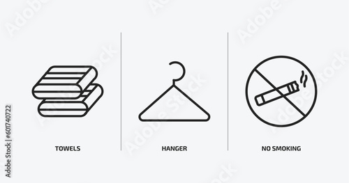 hotel and restaurant outline icons set. hotel and restaurant icons such as towels, hanger, no smoking vector. can be used web and mobile.