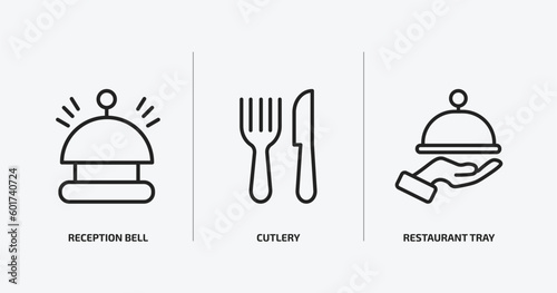 hotel and restaurant outline icons set. hotel and restaurant icons such as reception bell, cutlery, restaurant tray vector. can be used web and mobile.