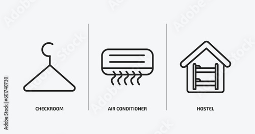 hotel and restaurant outline icons set. hotel and restaurant icons such as checkroom, air conditioner, hostel vector. can be used web and mobile.