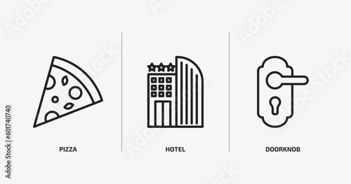 hotel and restaurant outline icons set. hotel and restaurant icons such as pizza, hotel, doorknob vector. can be used web and mobile.