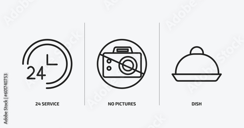 hotel outline icons set. hotel icons such as 24 service, no pictures, dish vector. can be used web and mobile.