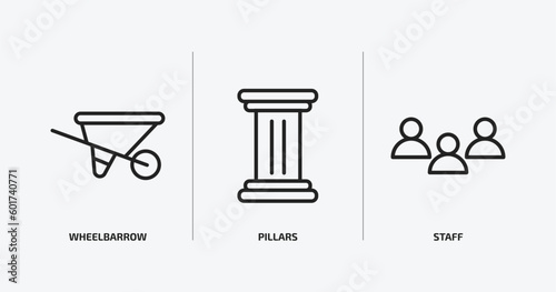 history outline icons set. history icons such as wheelbarrow, pillars, staff vector. can be used web and mobile.