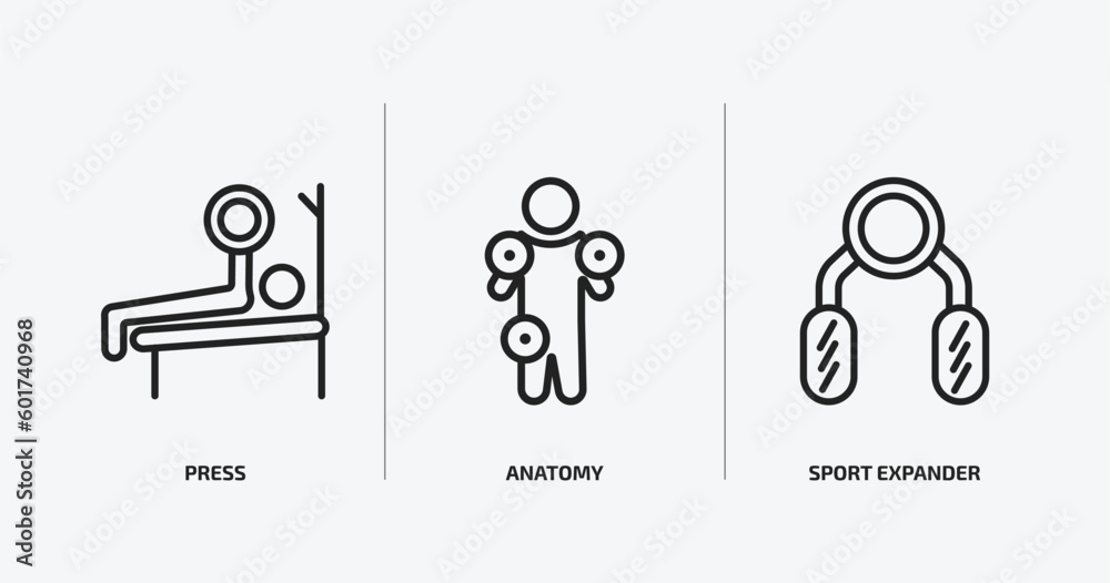 gym and fitness outline icons set. gym and fitness icons such as press, anatomy, sport expander vector. can be used web and mobile. gym and fitness outline icons set. gym and fitness icons such as press, anatomy, sport expander vector. can be used web and mobile.