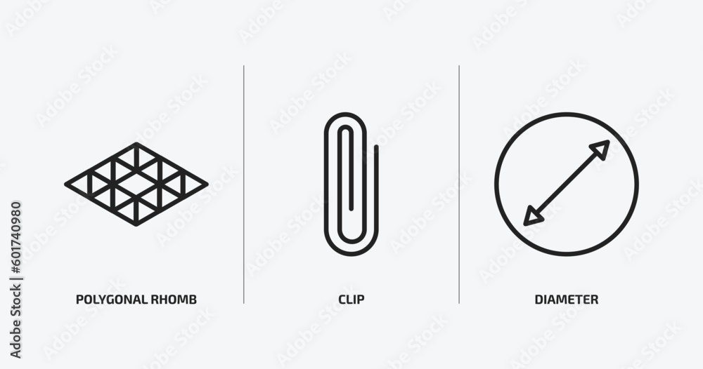 geometry outline icons set. geometry icons such as polygonal rhomb, clip, diameter vector. can be used web and mobile. - obrazy, fototapety, plakaty 