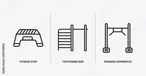 gym and fitness outline icons set. gym and fitness icons such as fitness step, tightening bar, training apparatus vector. can be used web and mobile.