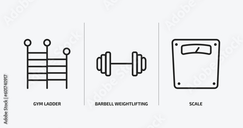 gymandfitness outline icons set. gymandfitness icons such as gym ladder, barbell weightlifting, scale vector. can be used web and mobile.