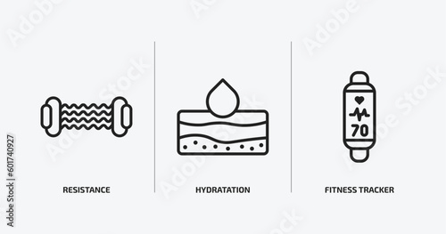 gym and fitness outline icons set. gym and fitness icons such as resistance, hydratation, fitness tracker vector. can be used web and mobile.