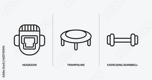 gym and fitness outline icons set. gym and fitness icons such as headgear, trampoline, exercising dumbbell vector. can be used web and mobile.