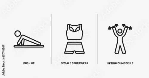 gym and fitness outline icons set. gym and fitness icons such as push up, female sportwear, lifting dumbbells vector. can be used web and mobile.